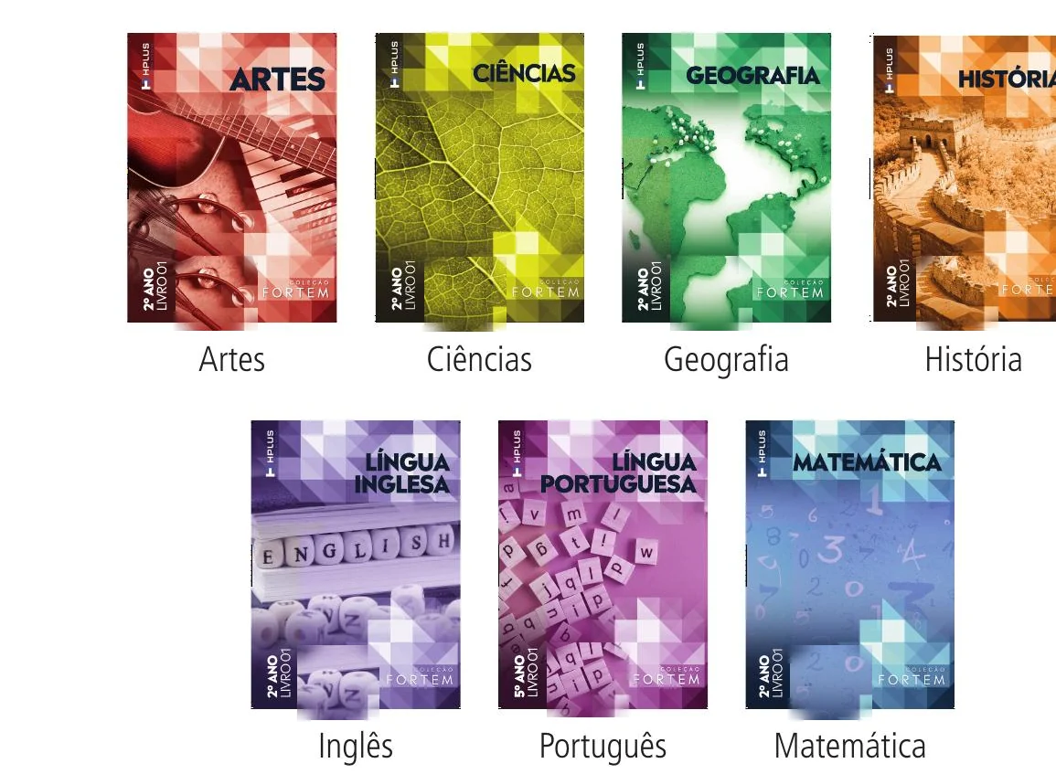 As sete capas da Coleção Fortem: Artes, Ciências, Geografia, História, Inglês, Português e Matemática